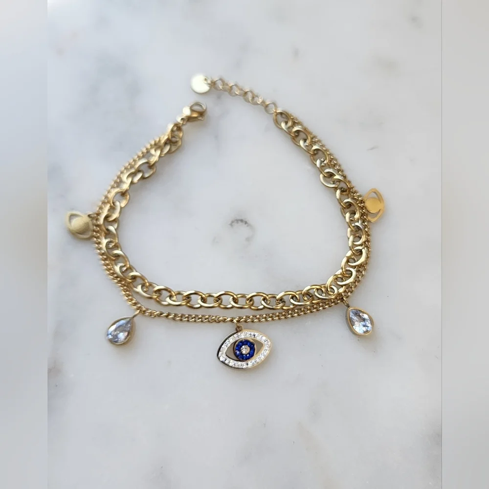 Stainless Steel Evil Eye Bracelet with Blue Accents - Picture 3 of 7